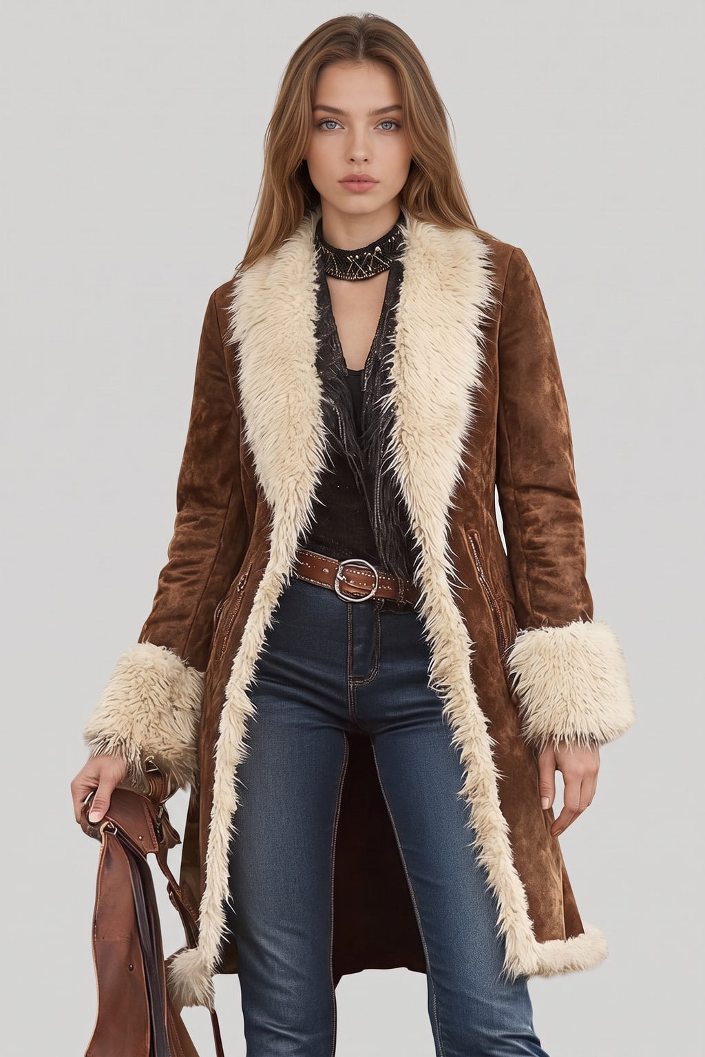 Suede Knee-Length Coat with Patchwork Design - 2