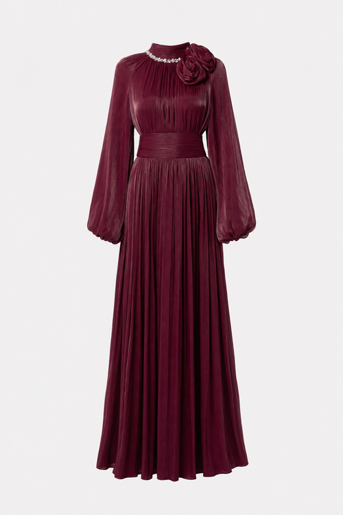 Maxi dress with pearl-trimmed collar and rosette brooches