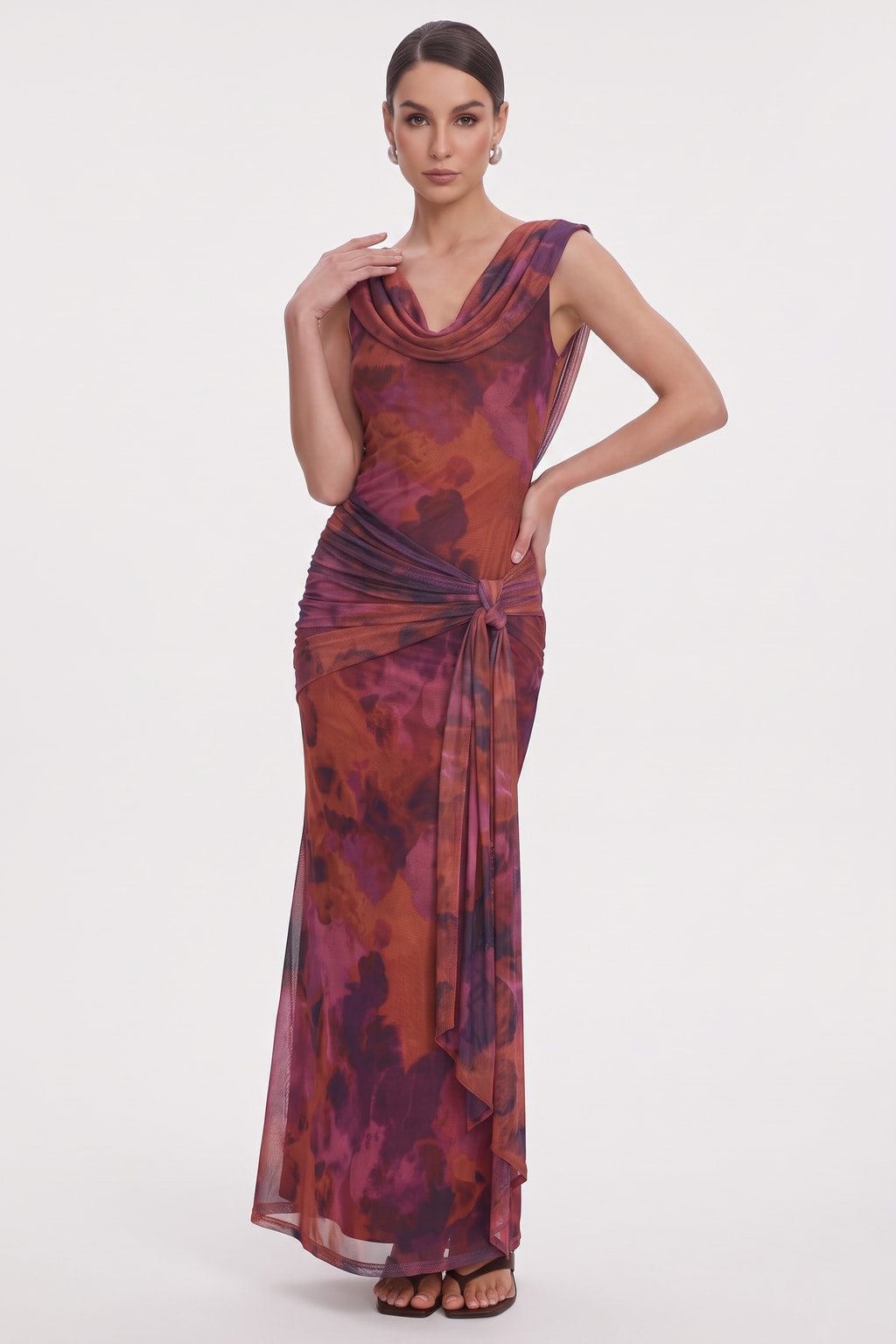 Polyester Blend Maxi Dress With Draped Shoulders - 2
