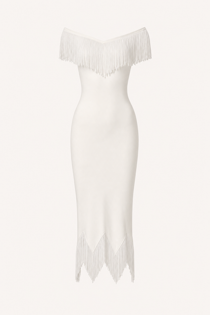 V-Neck Off-Shoulder Tassel Midi Dress