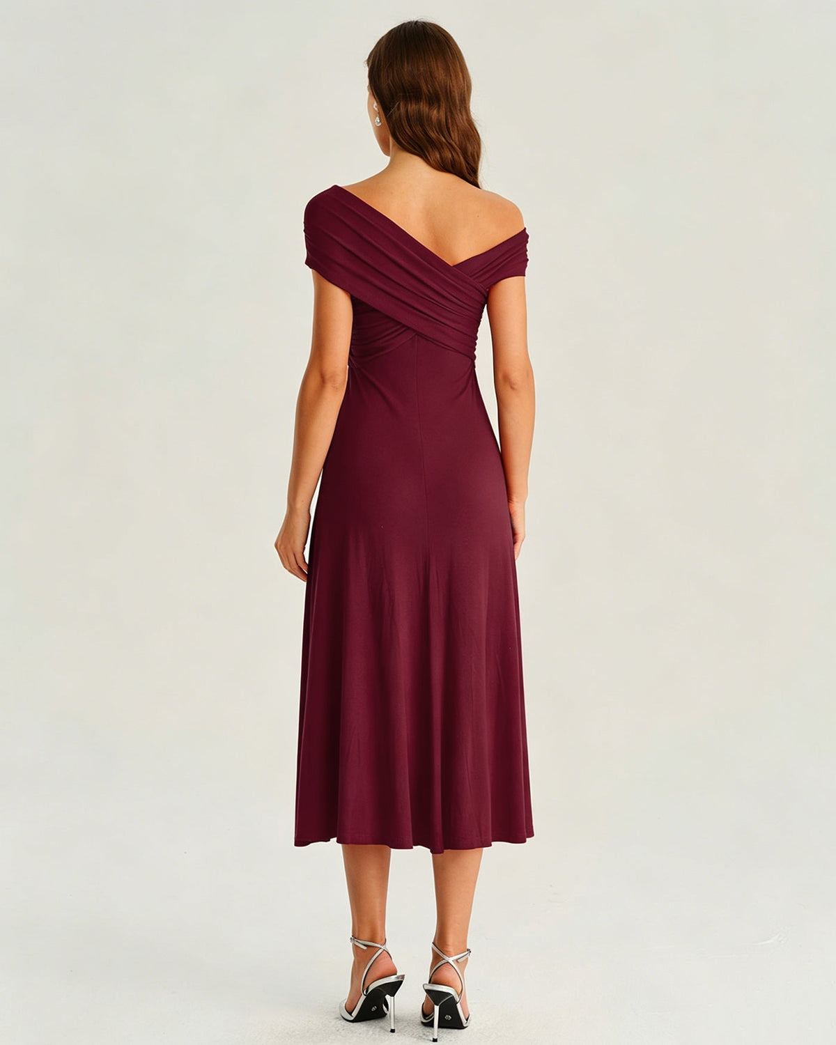 One Shoulder Ruched Midi Dress Wine Red A-Line - 4