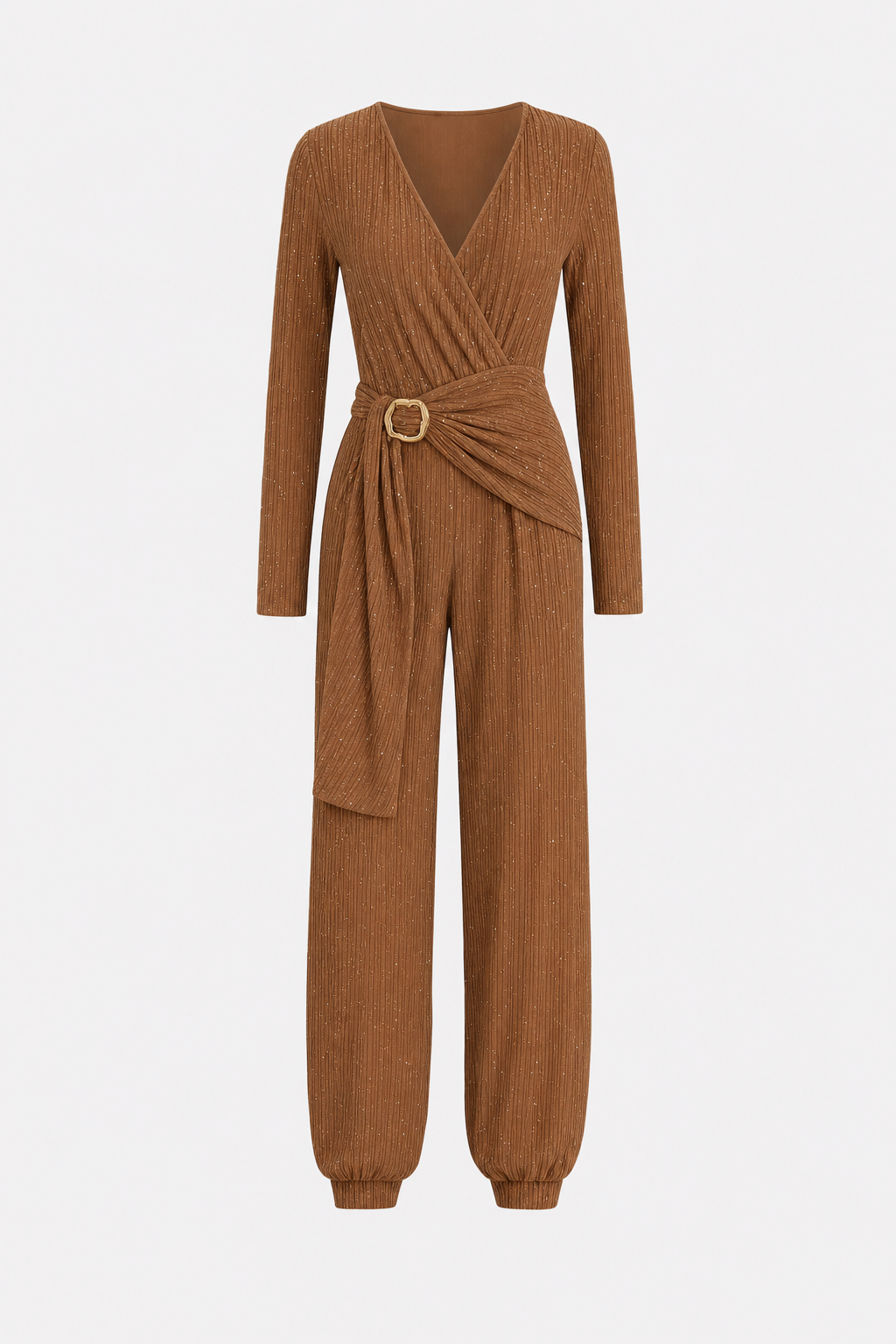 Brown Wrap V-Neck Jumpsuit with Tie Belt
