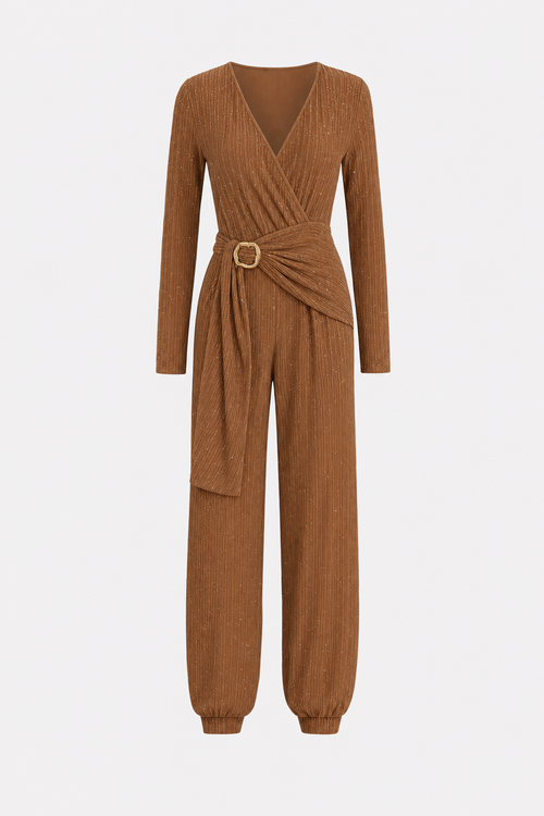 Brown Wrap V-Neck Jumpsuit with Tie Belt