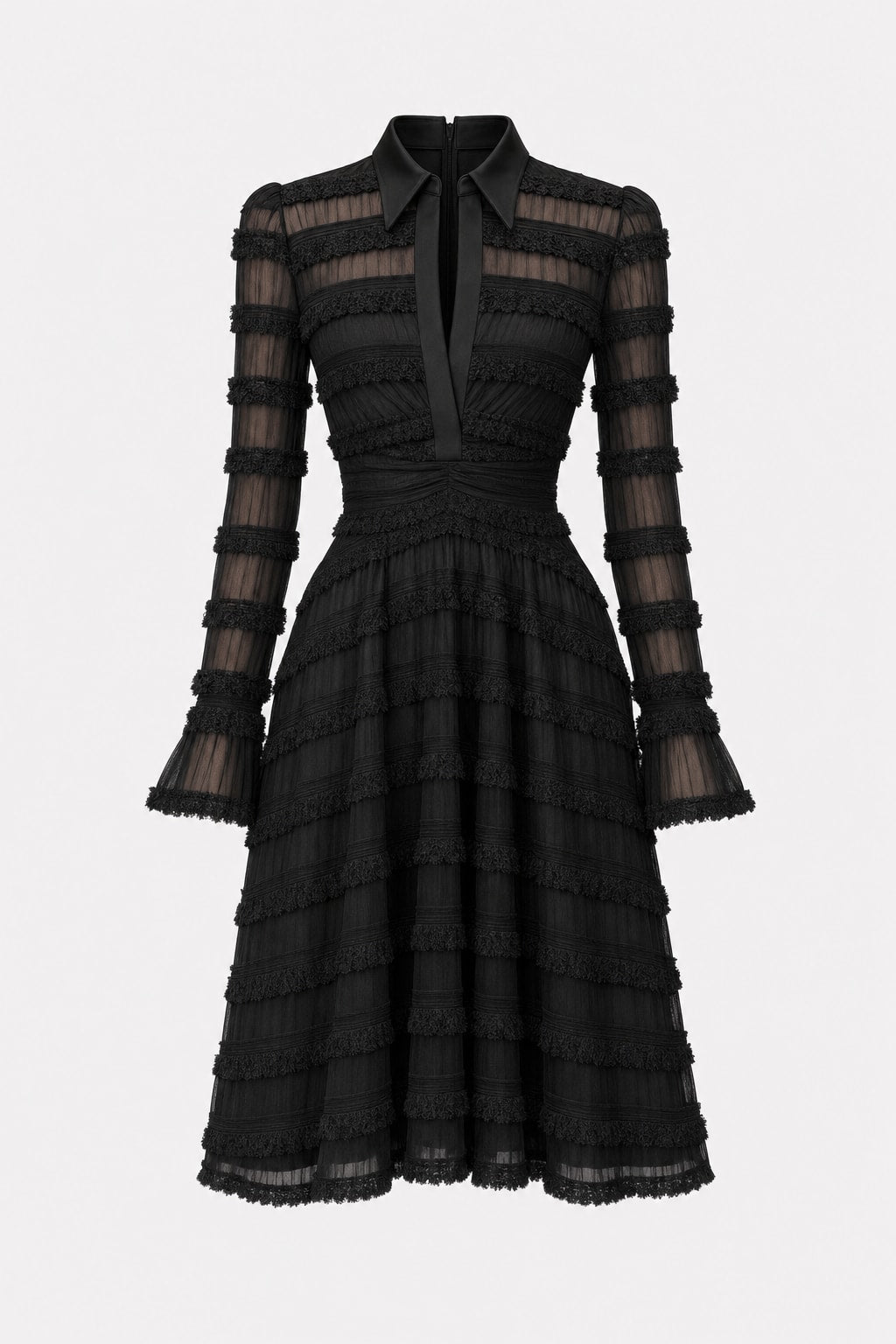 Black V-Neck Midi Dress With Long Sleeves - 1