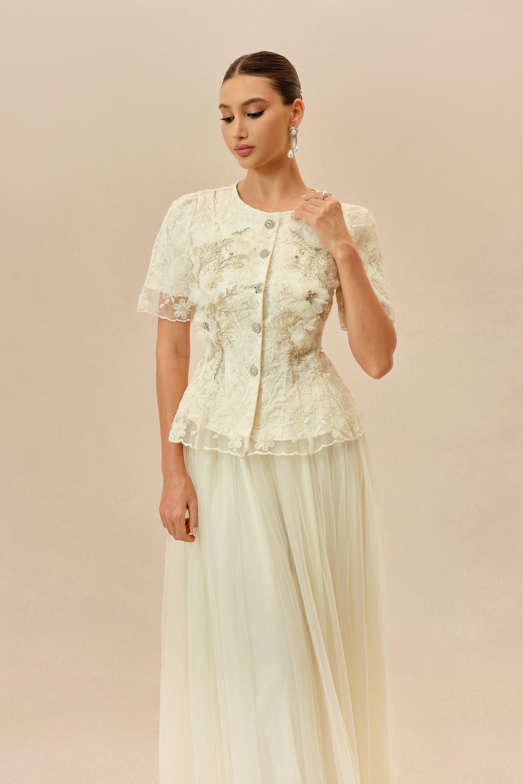 Lace Peplum Top and Tulle Maxi Skirt Set - view 3
