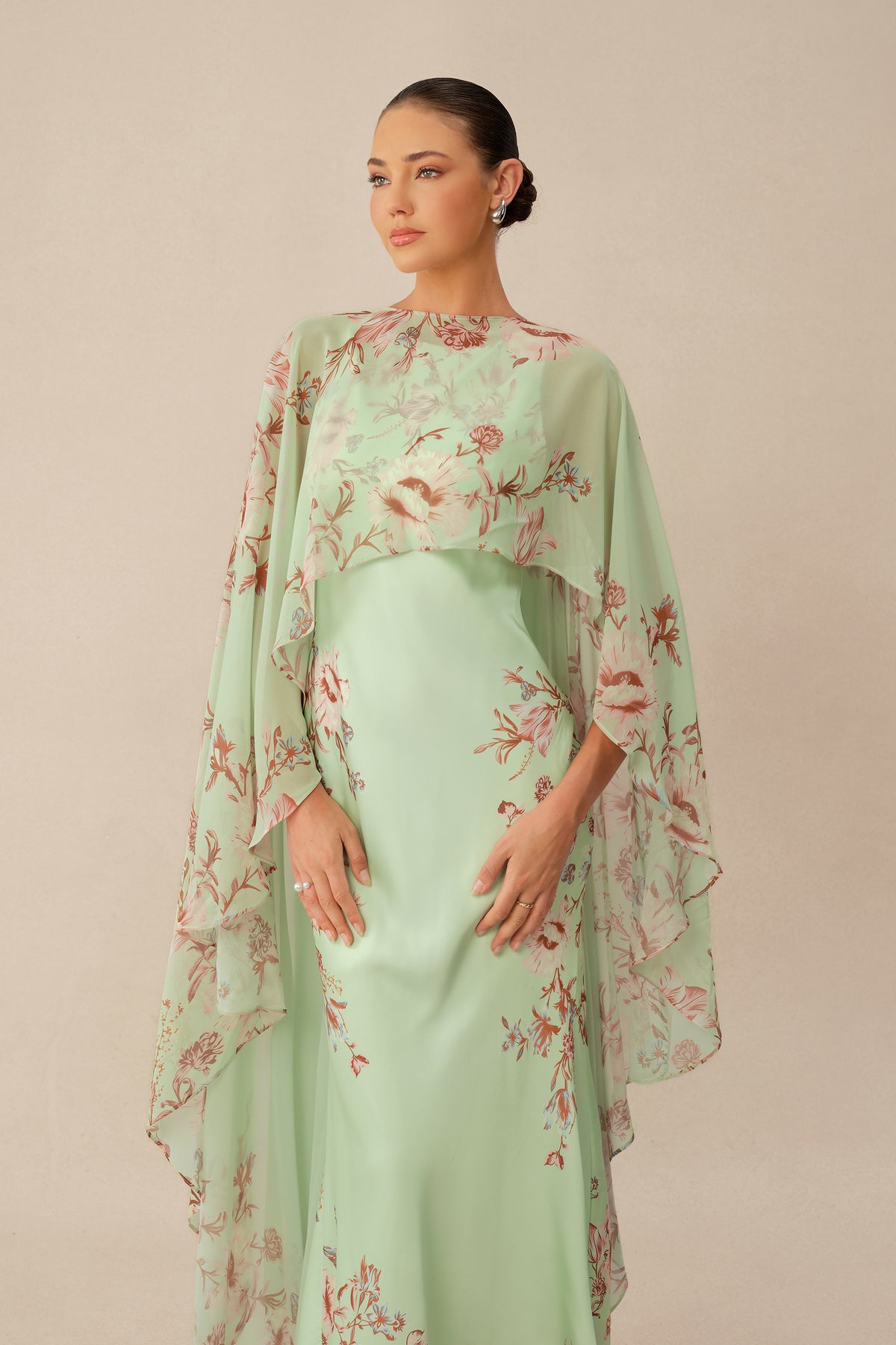 Green floral maxi dress with chiffon cape overlay - view 3