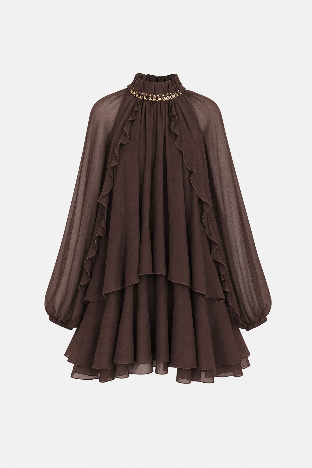 Tiered Ruffle Chiffon Mini Dress, Long Sleeve