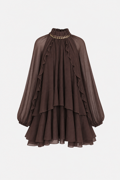 Tiered Ruffle Chiffon Mini Dress, Long Sleeve