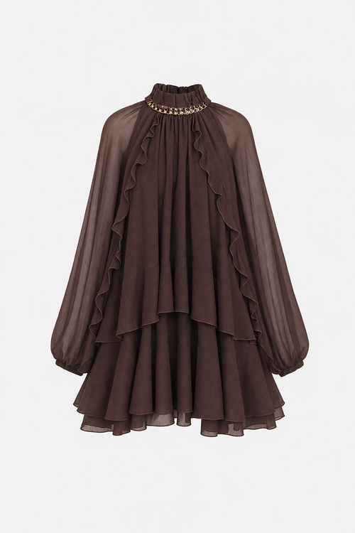 Tiered Ruffle Chiffon Mini Dress, Long Sleeve