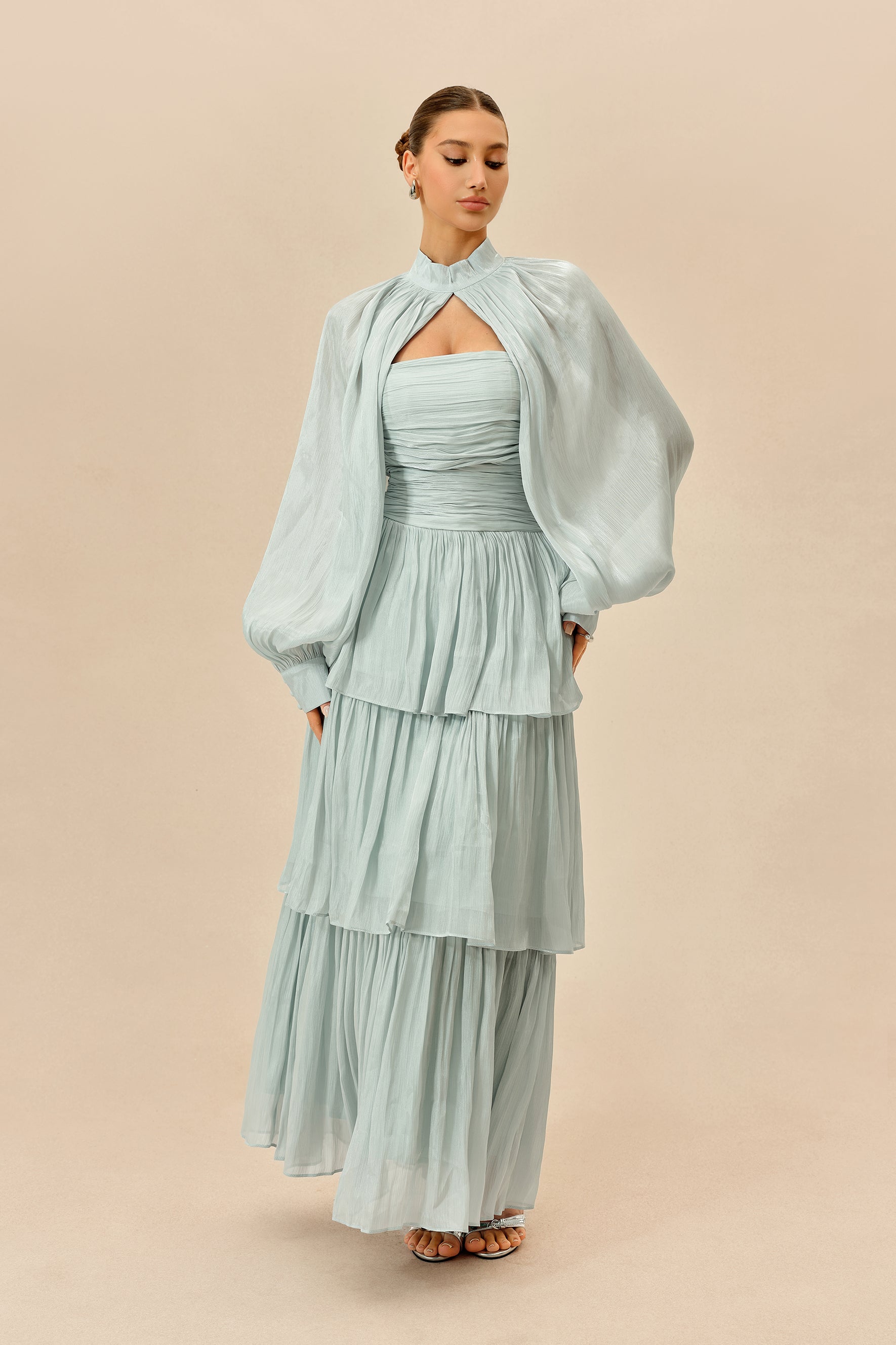 Light Blue Tiered Chiffon Maxi Dress, Detachable Sleeves - view 5