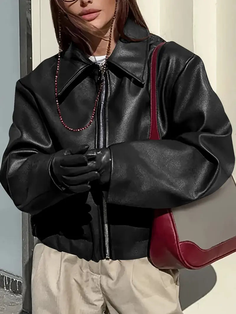 Oversized Cropped Faux Leather Jacket - view 8