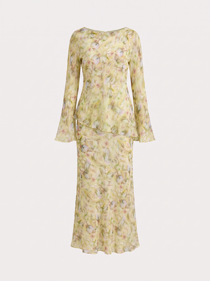Yellow Floral Chiffon Top and Maxi Skirt Set