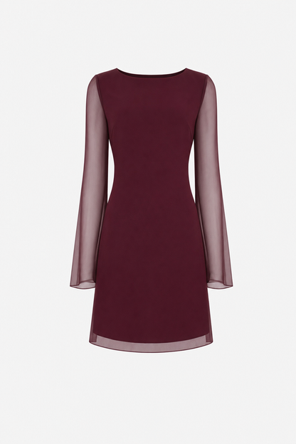 Boat Neck Mesh Mini Dress in Wine Red