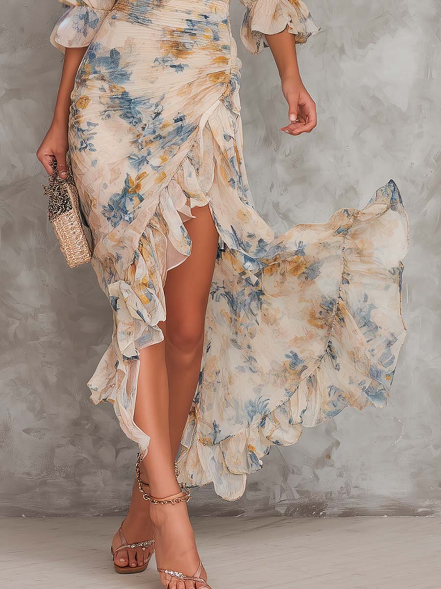 Yellow Floral Chiffon Ruched Maxi Dress - view 5
