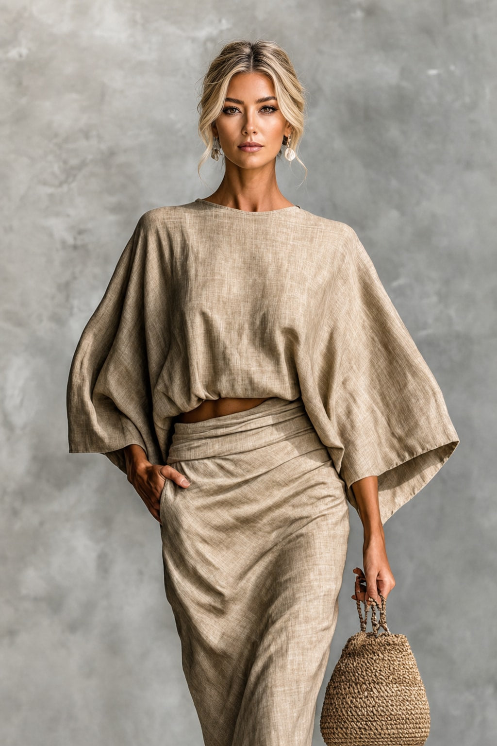 Linen-Blend Batwing Sleeve Top and Maxi Skirt Set - 5