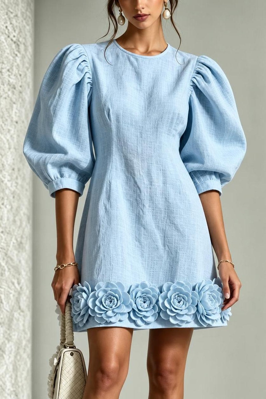Synthetic Fiber Mini Dress With 3D Floral Applique - 5