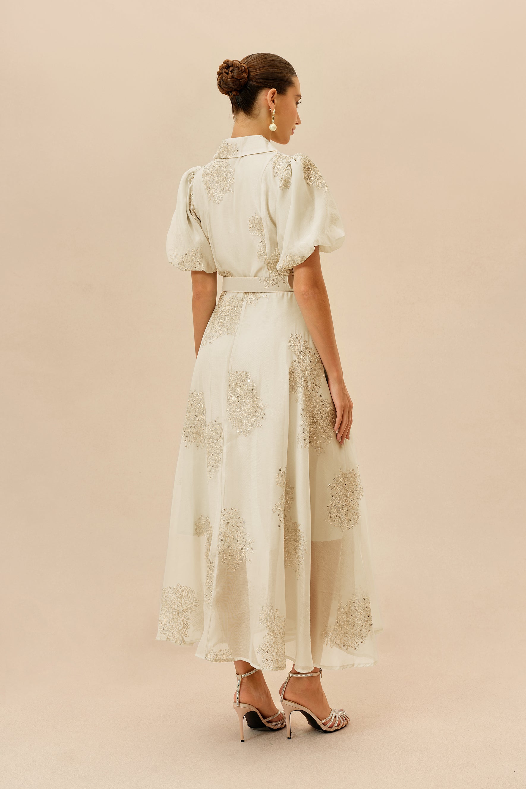 Apricot embroidered maxi shirt dress with belt - view 4