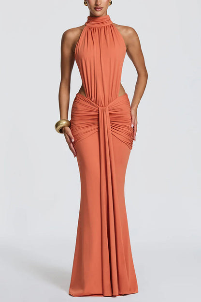 Stretch jersey maxi dress with high neck and open back - view 2