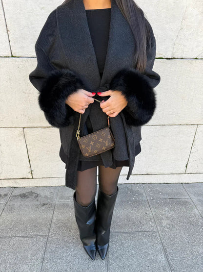Faux Fur Collar Jacket with Cinched Waist - view 10