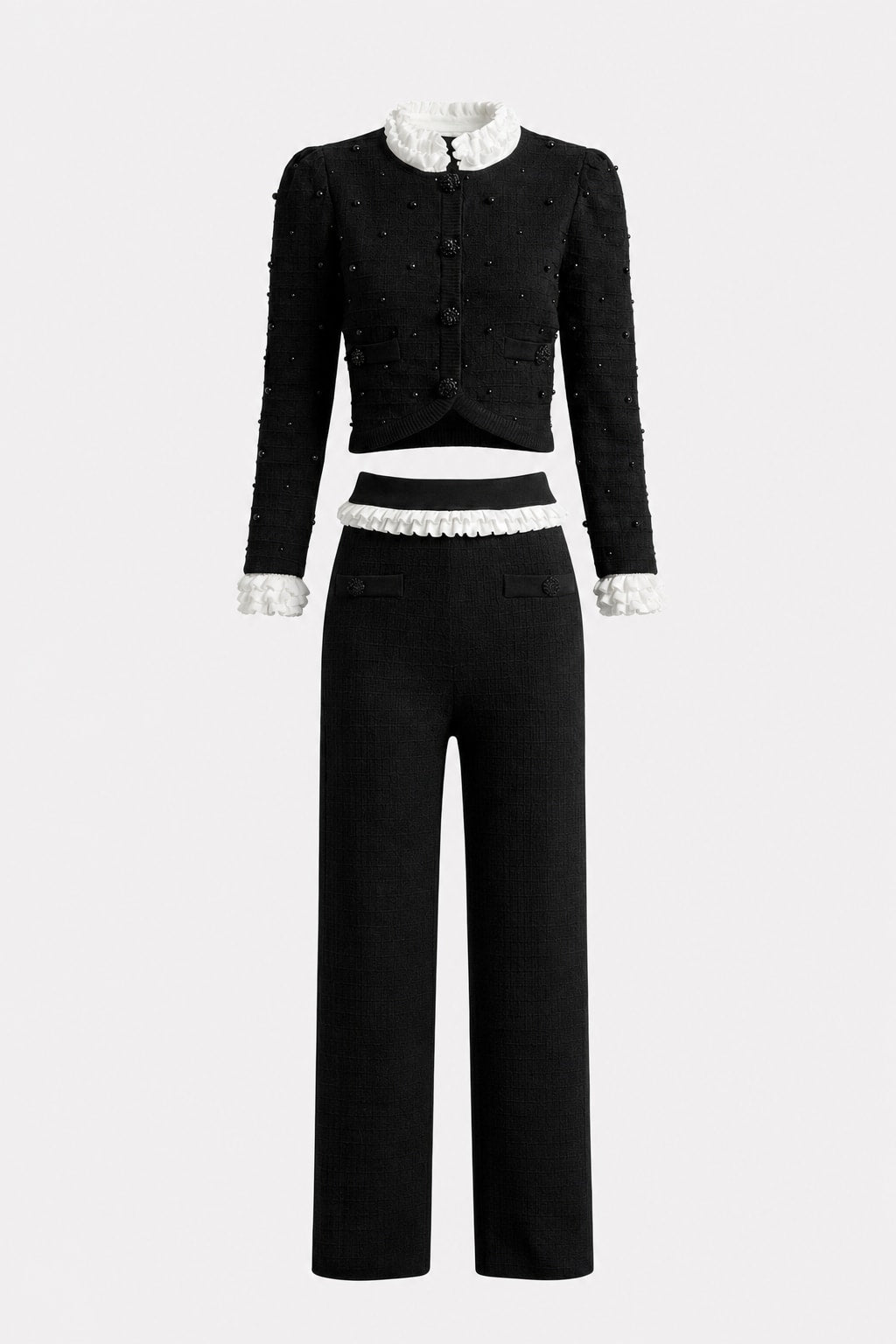 Knit Cardigan And Pants Set With Beaded Detail - 1