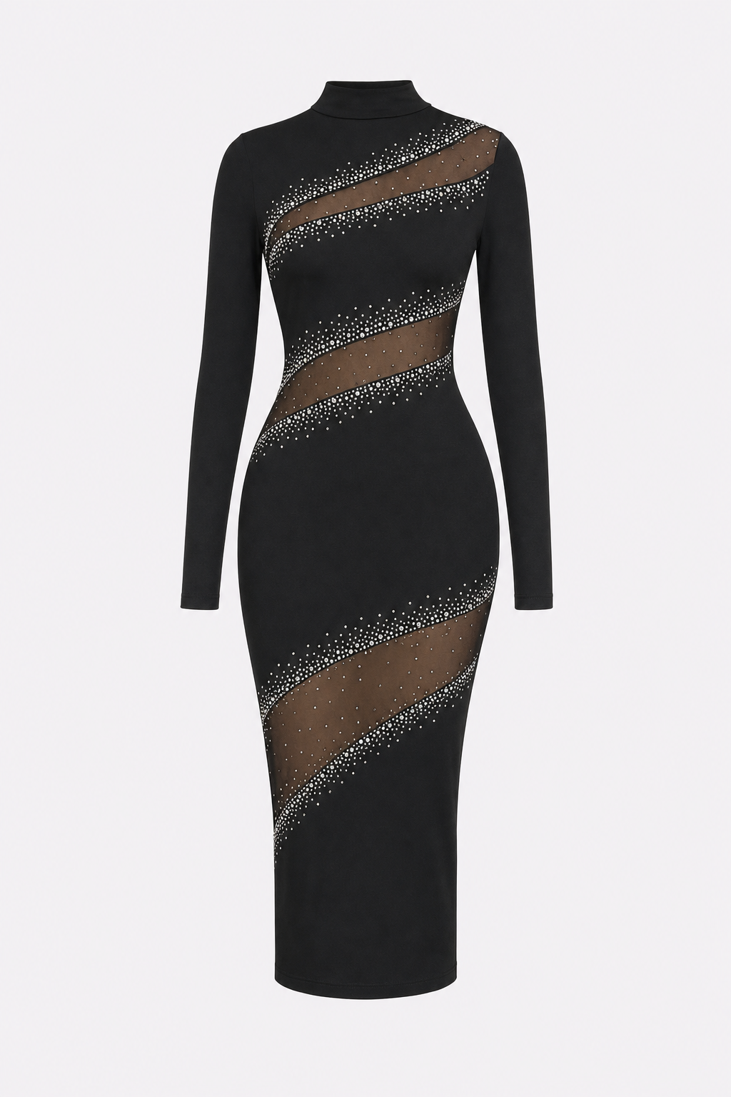 Black sheer mesh midi dress with rhinestone mock neck