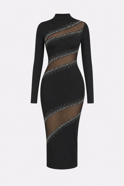 Black sheer mesh midi dress with rhinestone mock neck