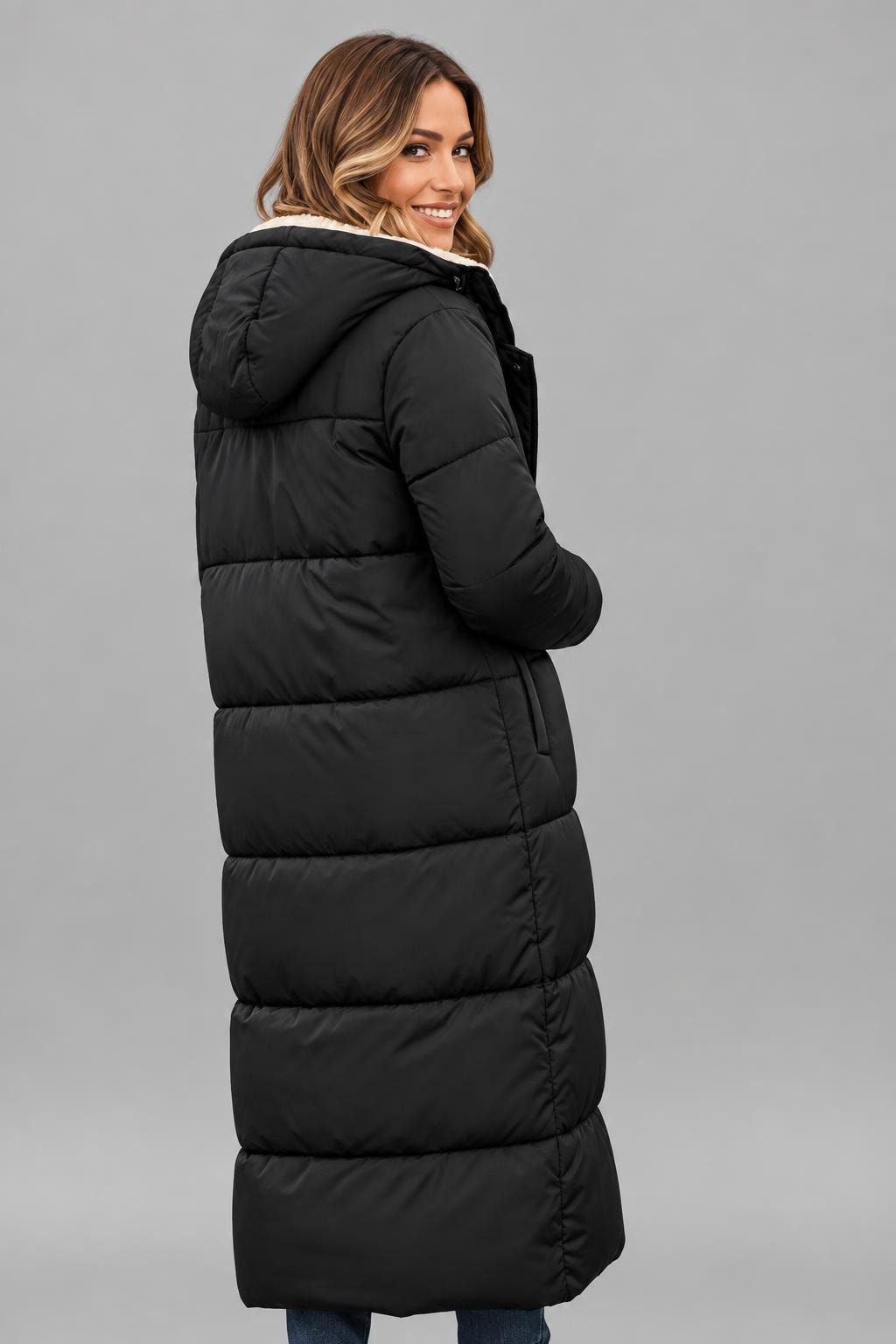 Quilted Longline Puffer Coat With Hood - 4