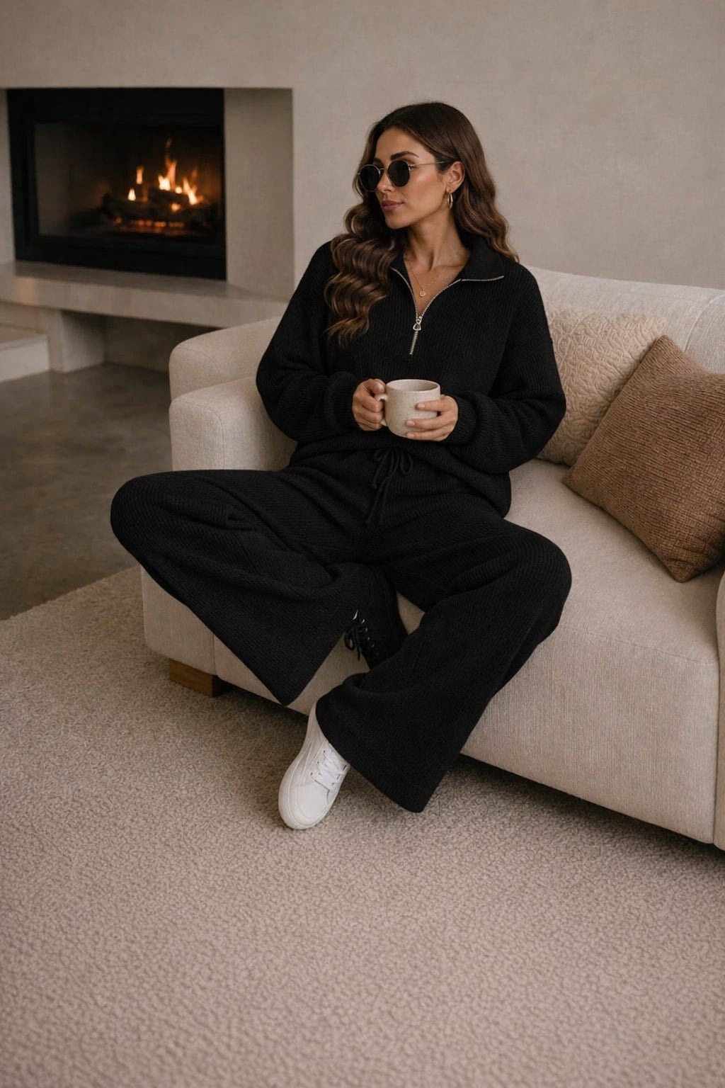 Polyester Knit Loungewear Set With Half-Zip Top - 4