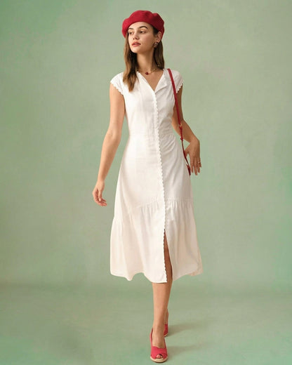 Lapel V-Neck Midi Dress With Ruffle Hem - view 5