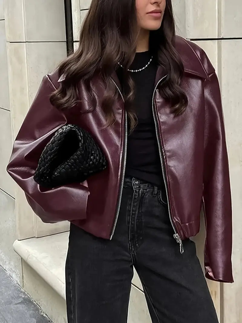 Oversized Cropped Faux Leather Jacket - view 2