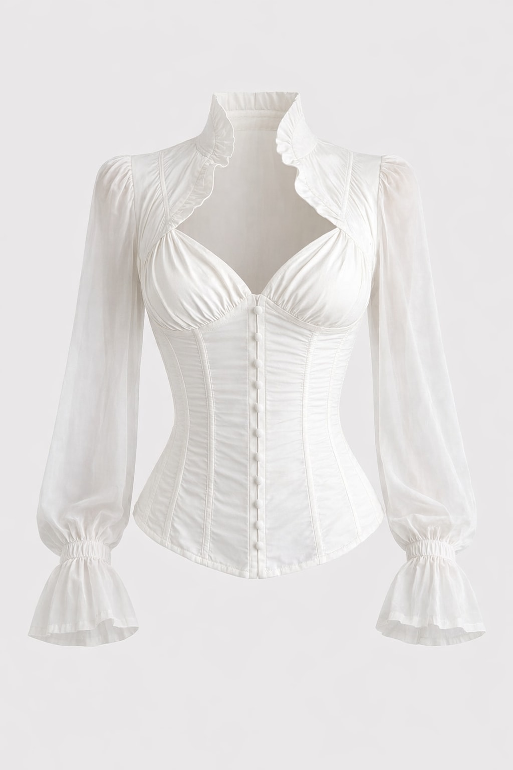 Retro Sheer Sleeve Blouse with Corset Waist and Ruffled Collar - 1