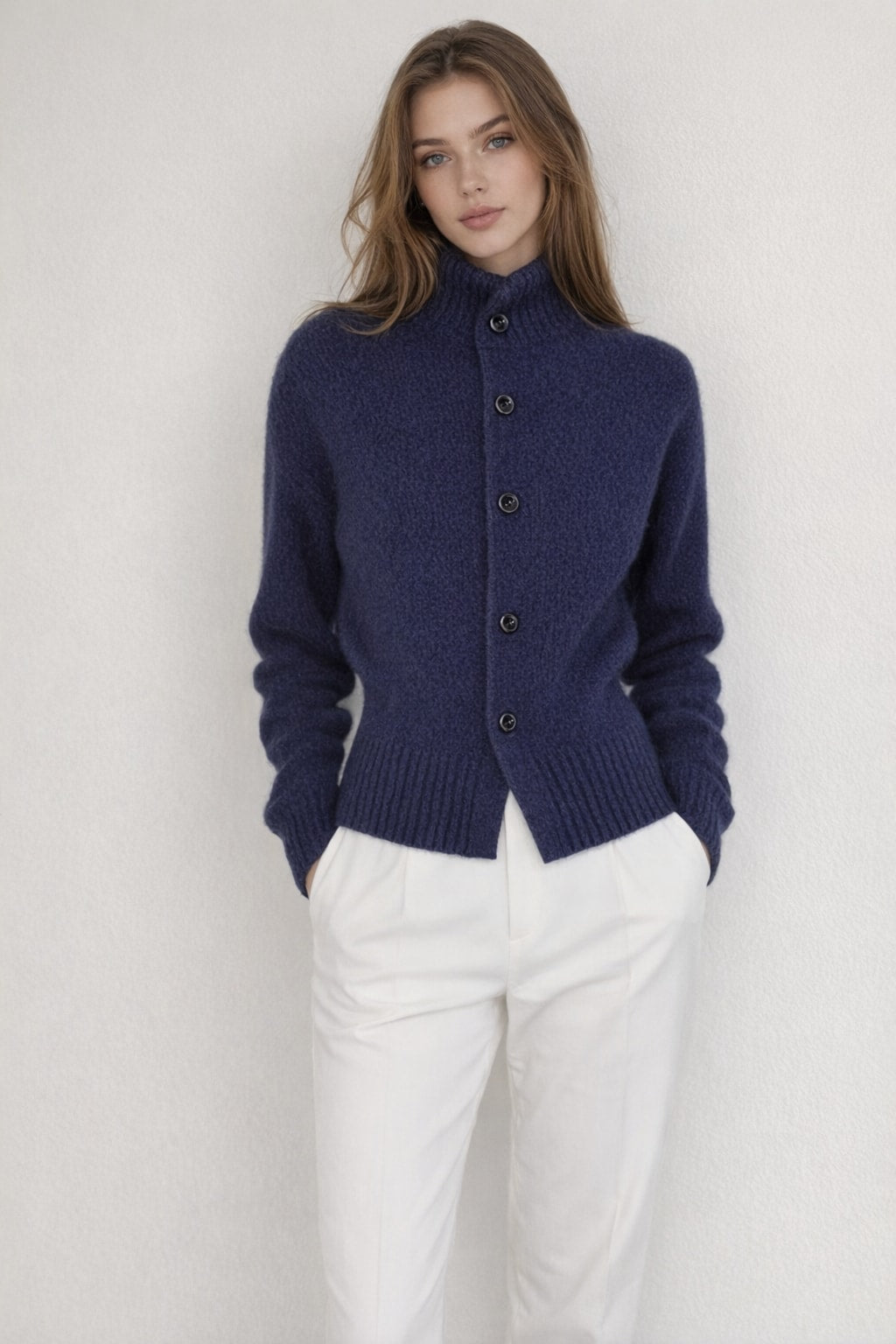 Knitted Cardigan with High-Neck Button Front - 5