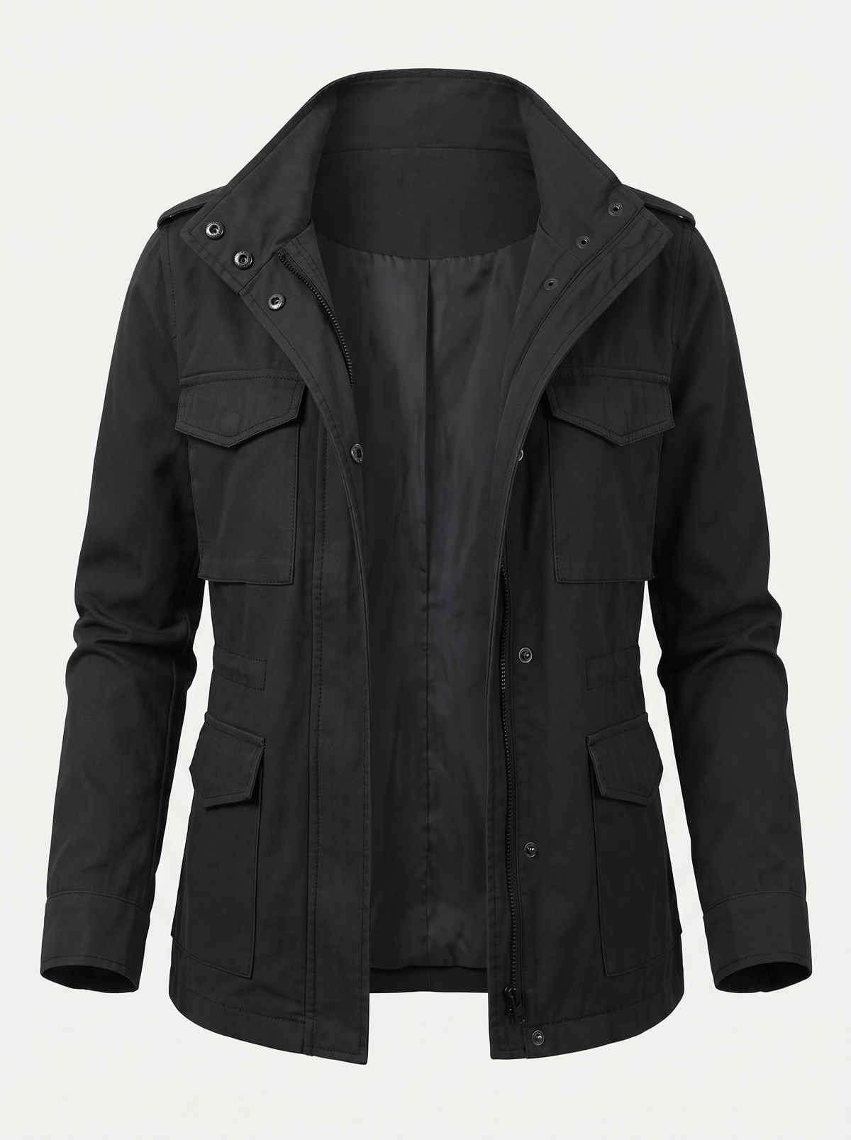 Snap collar utility jacket with flap pockets