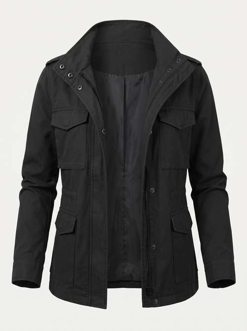 Snap collar utility jacket with flap pockets
