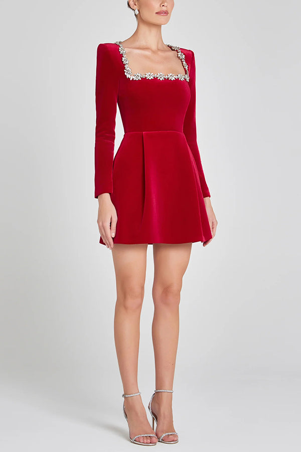Velvet long sleeve mini dress with jeweled trim - view 5