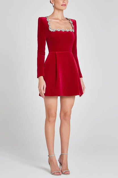 Velvet long sleeve mini dress with jeweled trim - view 5