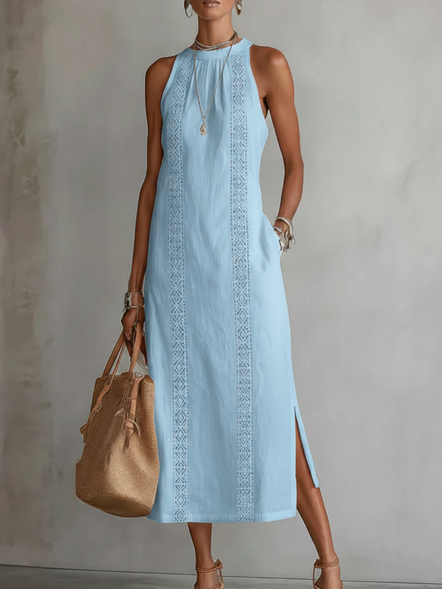 Mao Collar Linen Blend Midi Dress - view 6