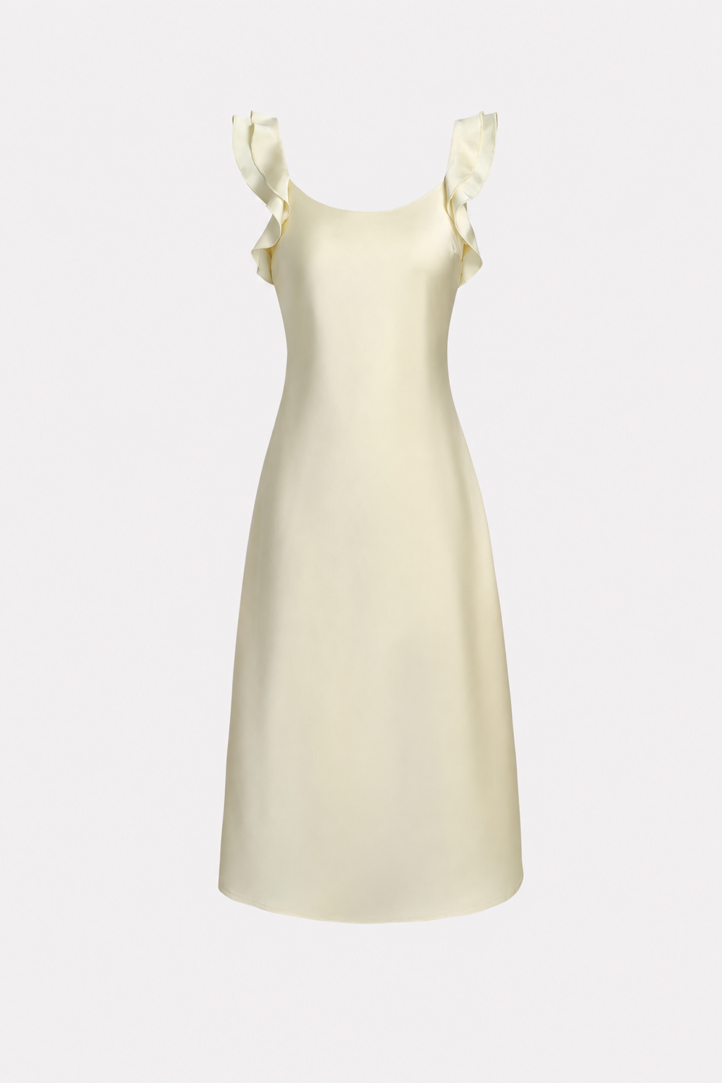 Yellow satin midi dress with ruffle square neck