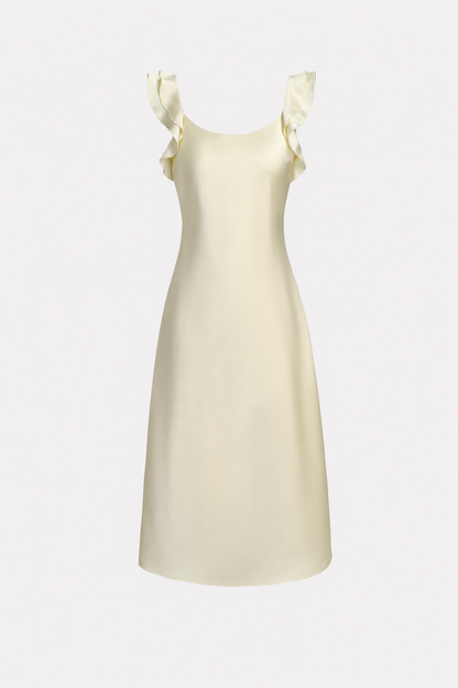 Yellow satin midi dress with ruffle square neck