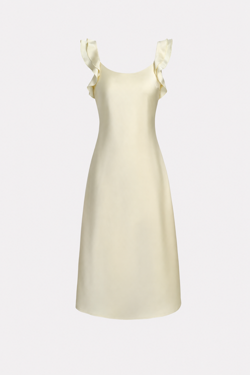 Yellow satin midi dress with ruffle square neck