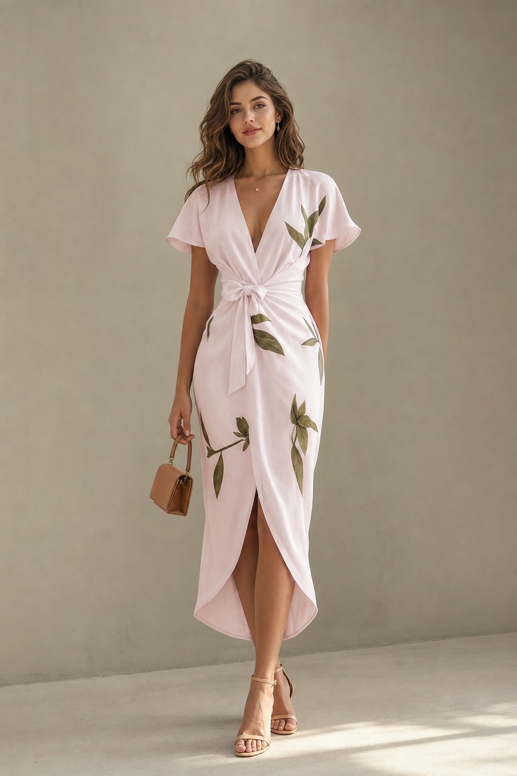 Satin Wrap Midi Dress With Leaf Print - 6