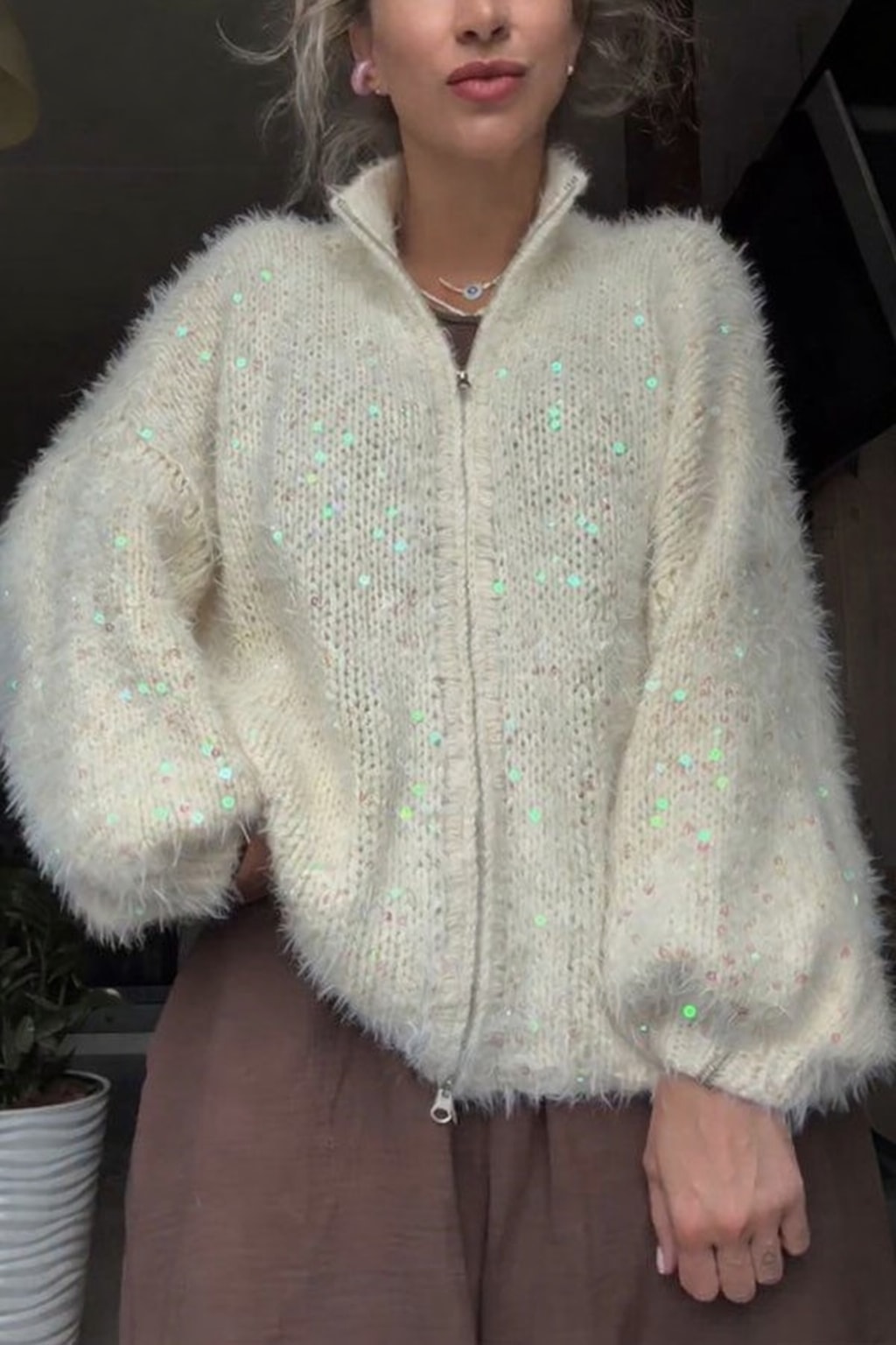 Knit Cardigan With High Neck And Balloon Sleeves - 6
