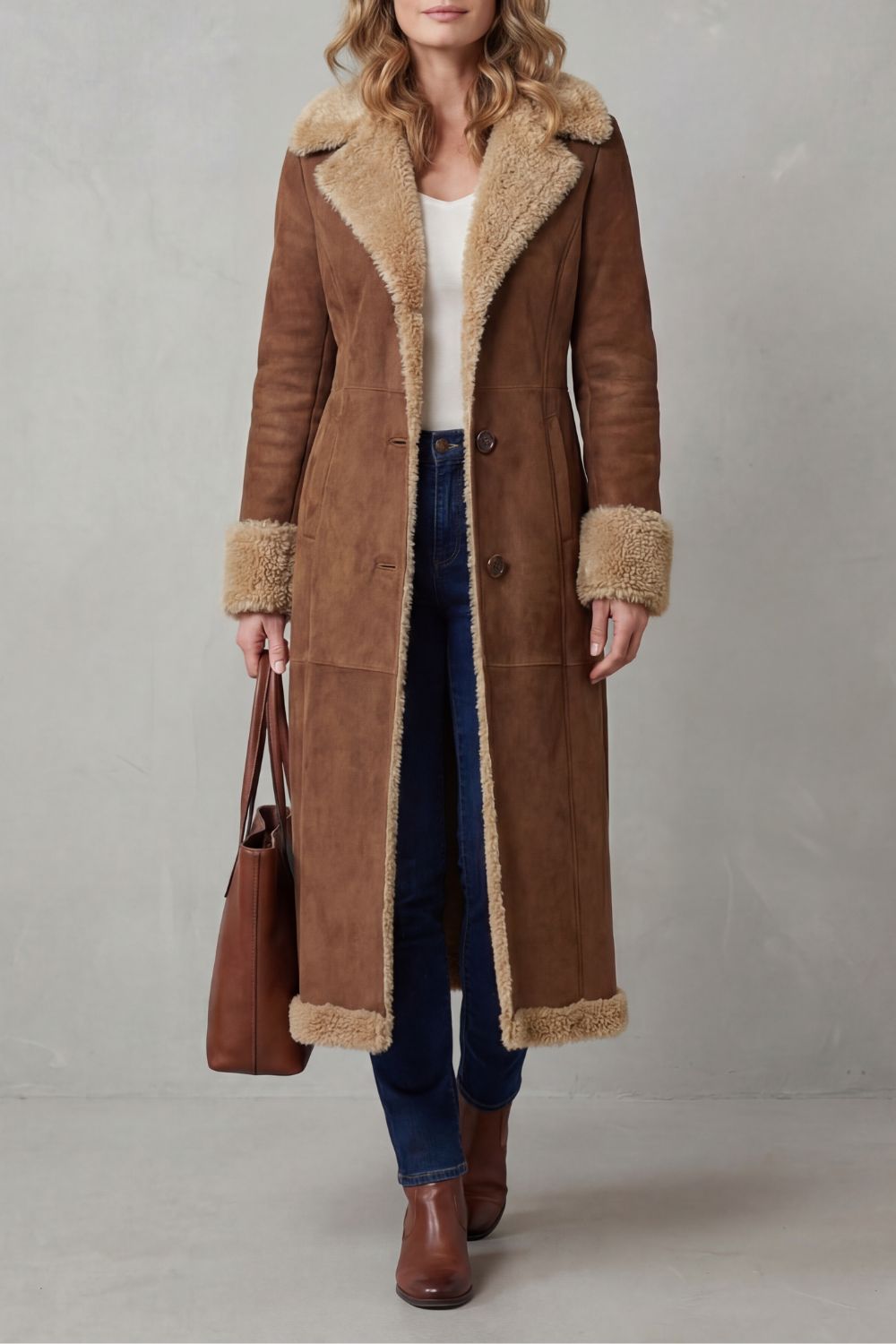 Brown Shearling Lined Longline Coat - view 2