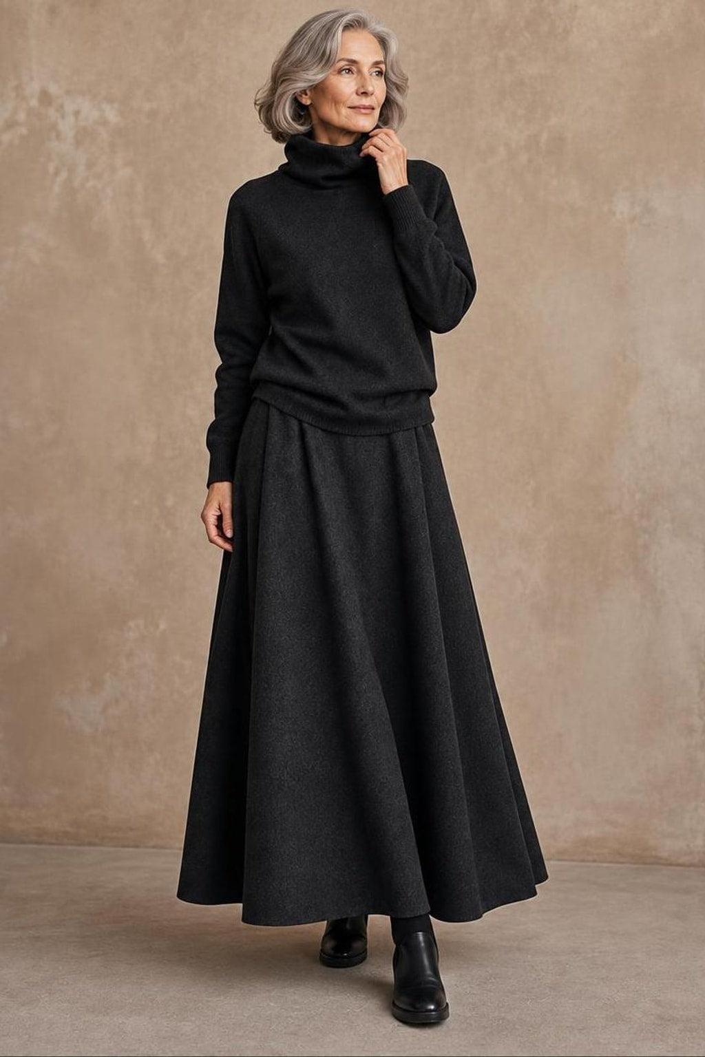Fleece Knit Turtleneck Sweater And Maxi Skirt Set - 9