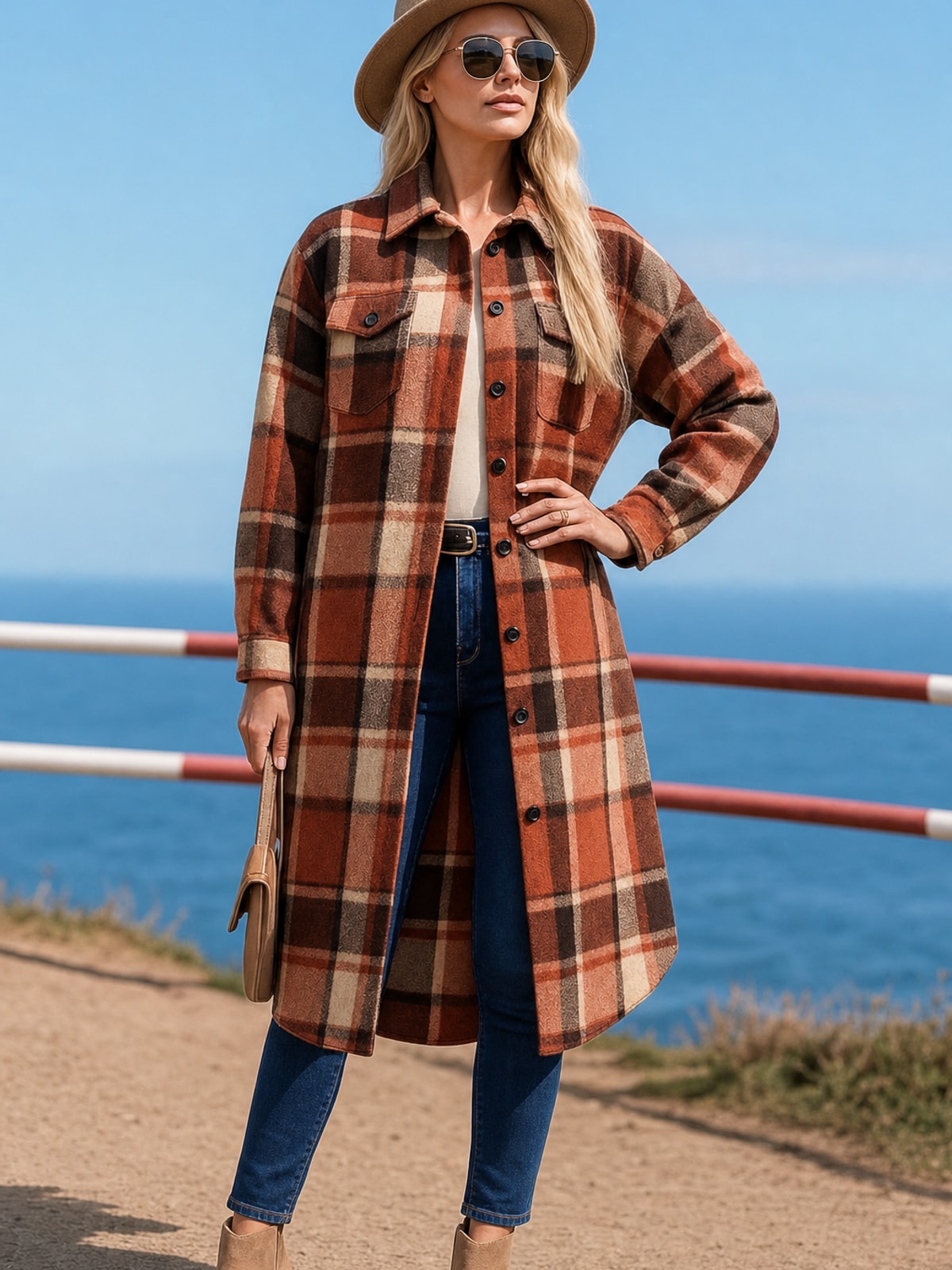 Longline Checked Coat Relaxed Fit For Fall & Winter - 4