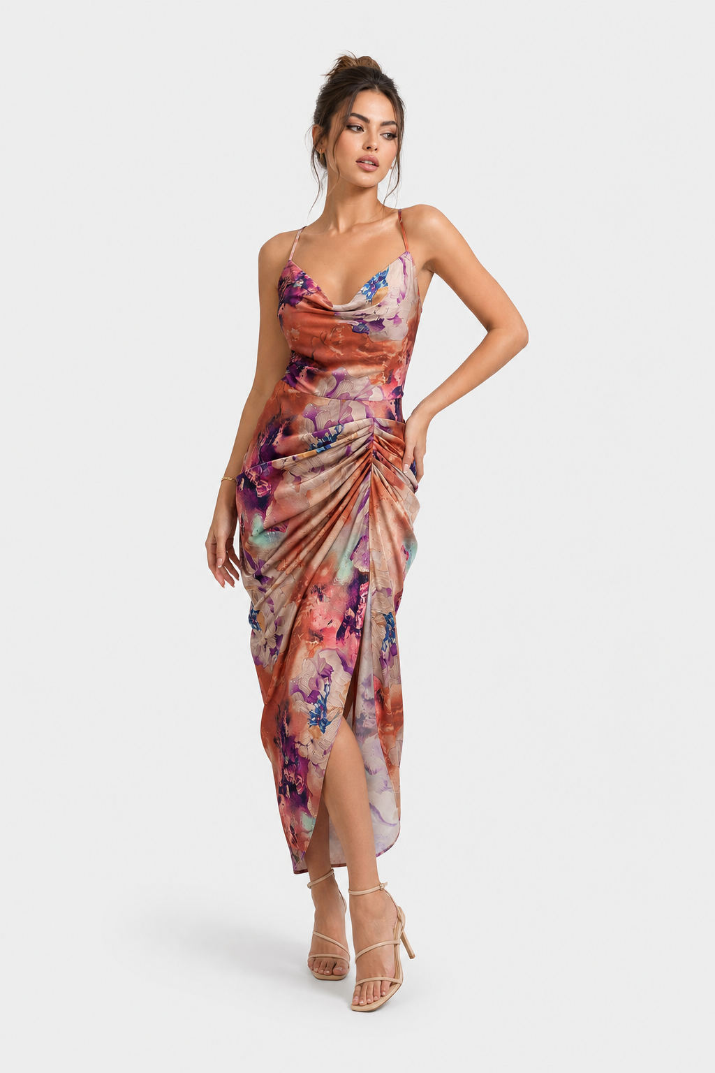 Satin draped cowl neck midi dress - view 2