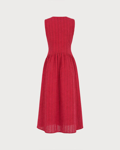 Red V-neck cotton midi dress with side pockets - view 4