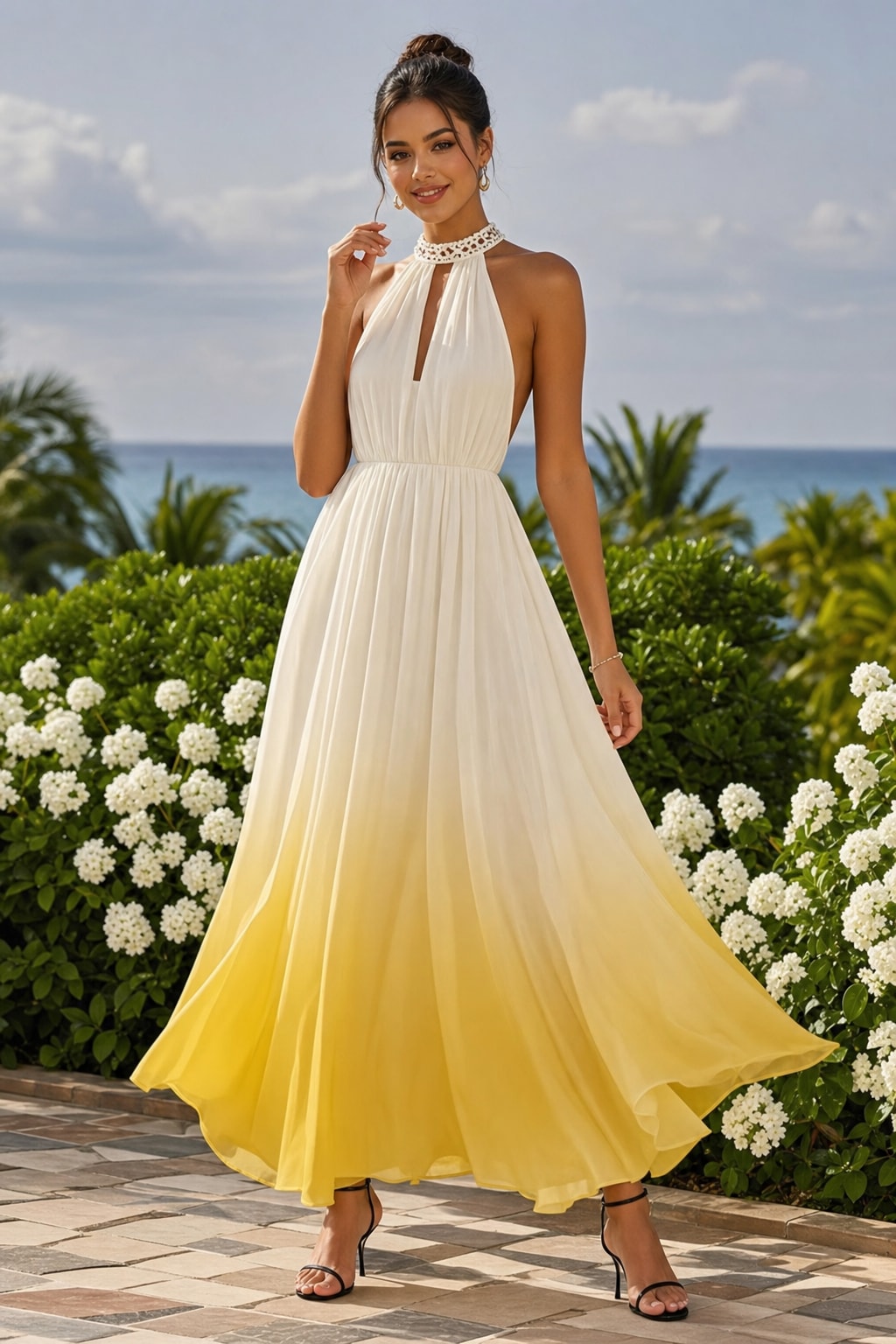Chiffon Halter Maxi Dress With Pearl Cutout Detail - 5