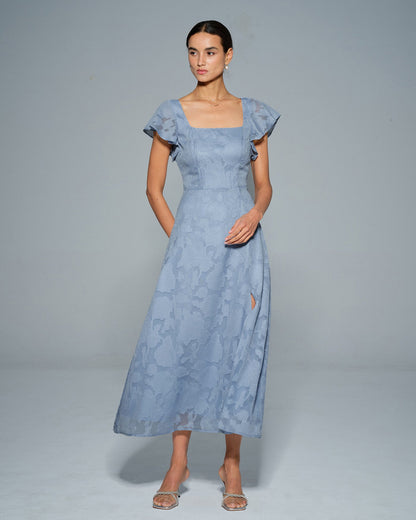 Blue Jacquard Square Neck Midi Dress - view 2