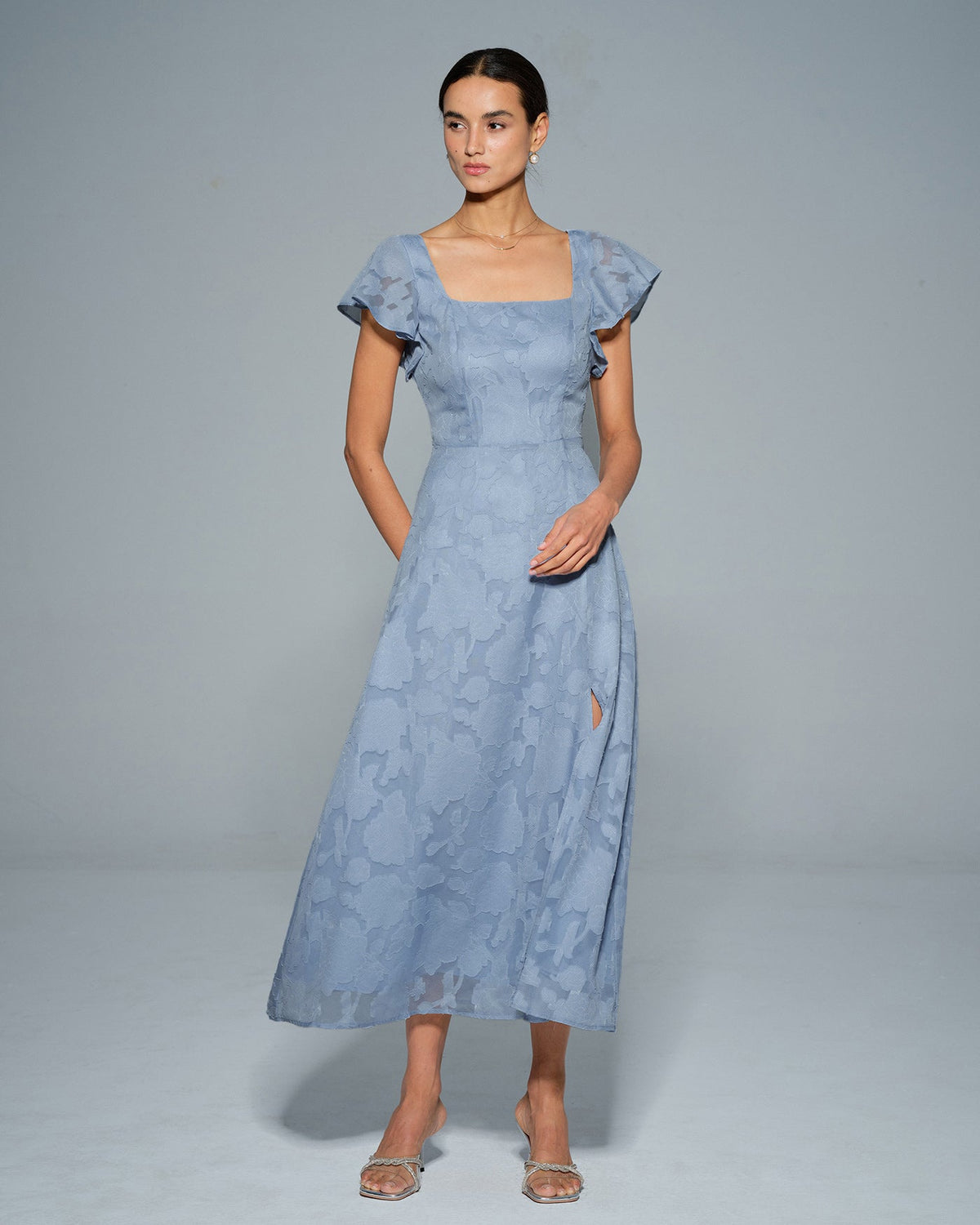 Blue Jacquard Square Neck Midi Dress - 2